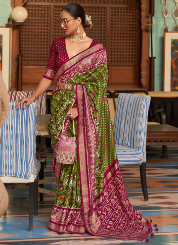 Latest Designer Silk Olive Green Patan Patola Saree Online
